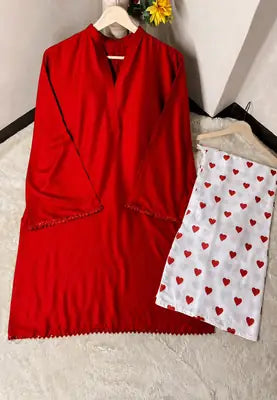 Women's Heart Printed Summer Linen 2 Piece Flapper Suit with V Neck Shirt