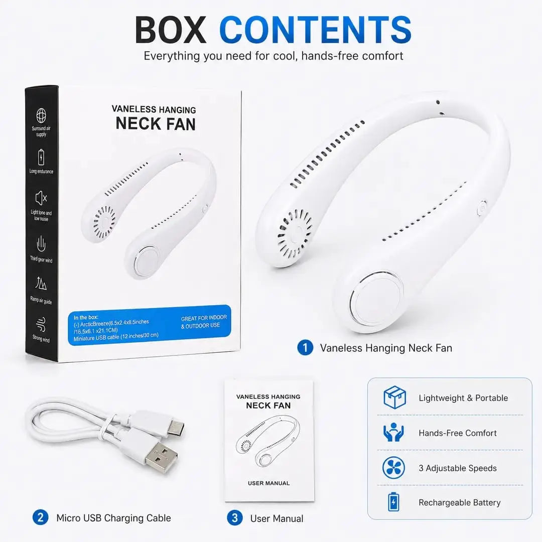 Portable Rechargeable Neck Fan – Hands-Free Wearable Bladeless Cooling Fan (3 Speeds & USB Charging)
