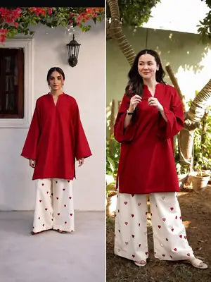 Women's Heart Printed Summer Linen 2 Piece Flapper Suit with V Neck Shirt