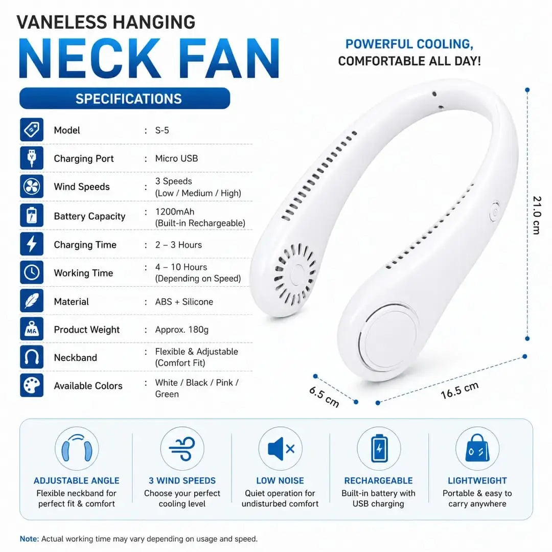 Portable Rechargeable Neck Fan – Hands-Free Wearable Bladeless Cooling Fan (3 Speeds & USB Charging)