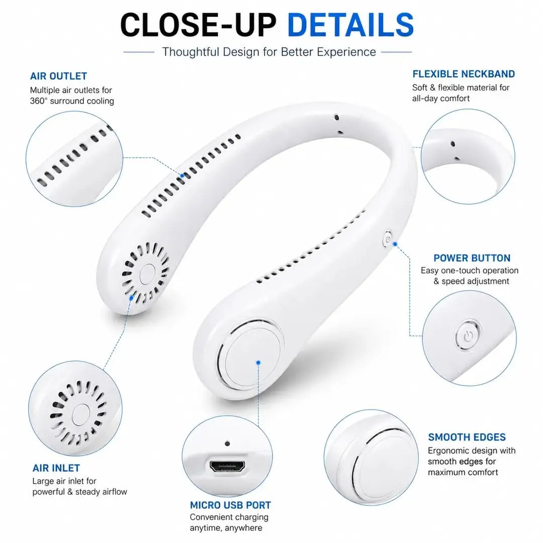 Portable Rechargeable Neck Fan – Hands-Free Wearable Bladeless Cooling Fan (3 Speeds & USB Charging)