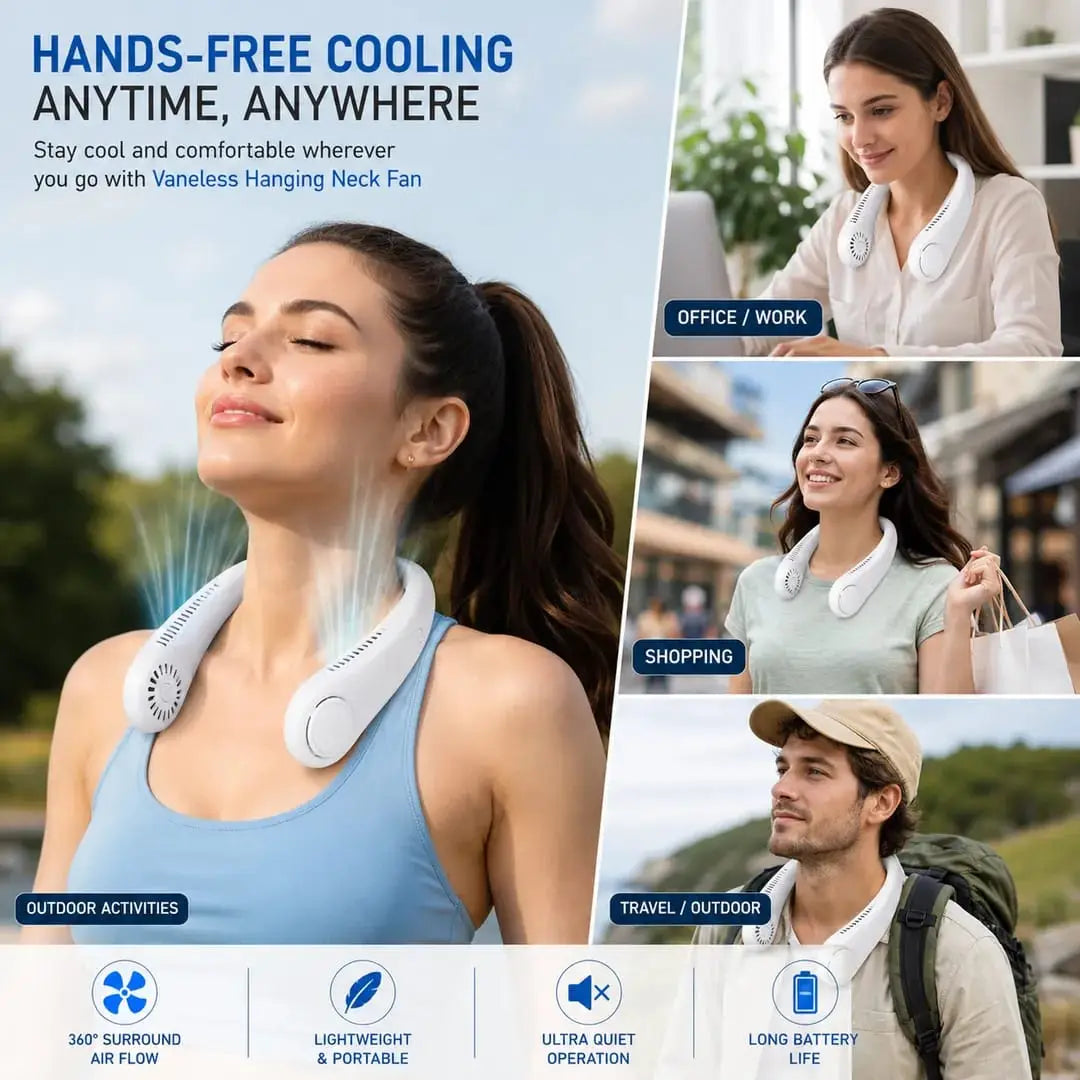 Portable Rechargeable Neck Fan – Hands-Free Wearable Bladeless Cooling Fan (3 Speeds & USB Charging)